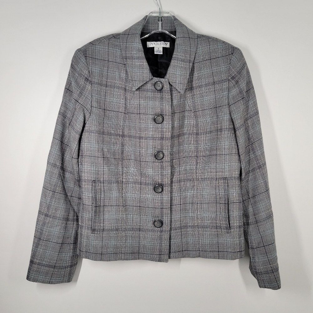 Pendleton Gray Plaid Wool 5 Button Blazer Jacket Women Size 8 Petite